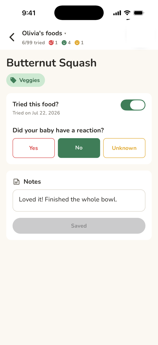 Logging a food reaction in the app